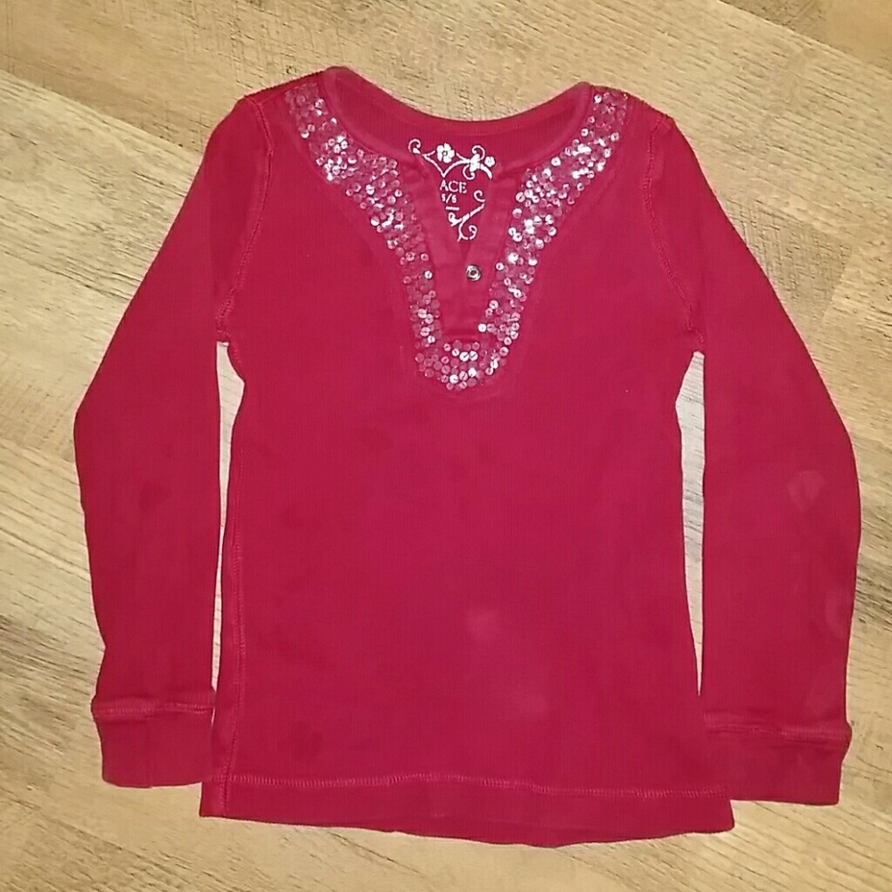 Children's Place‎ Red Long Sleeve Sequin Ribbed Henley Shirt Size 5-6